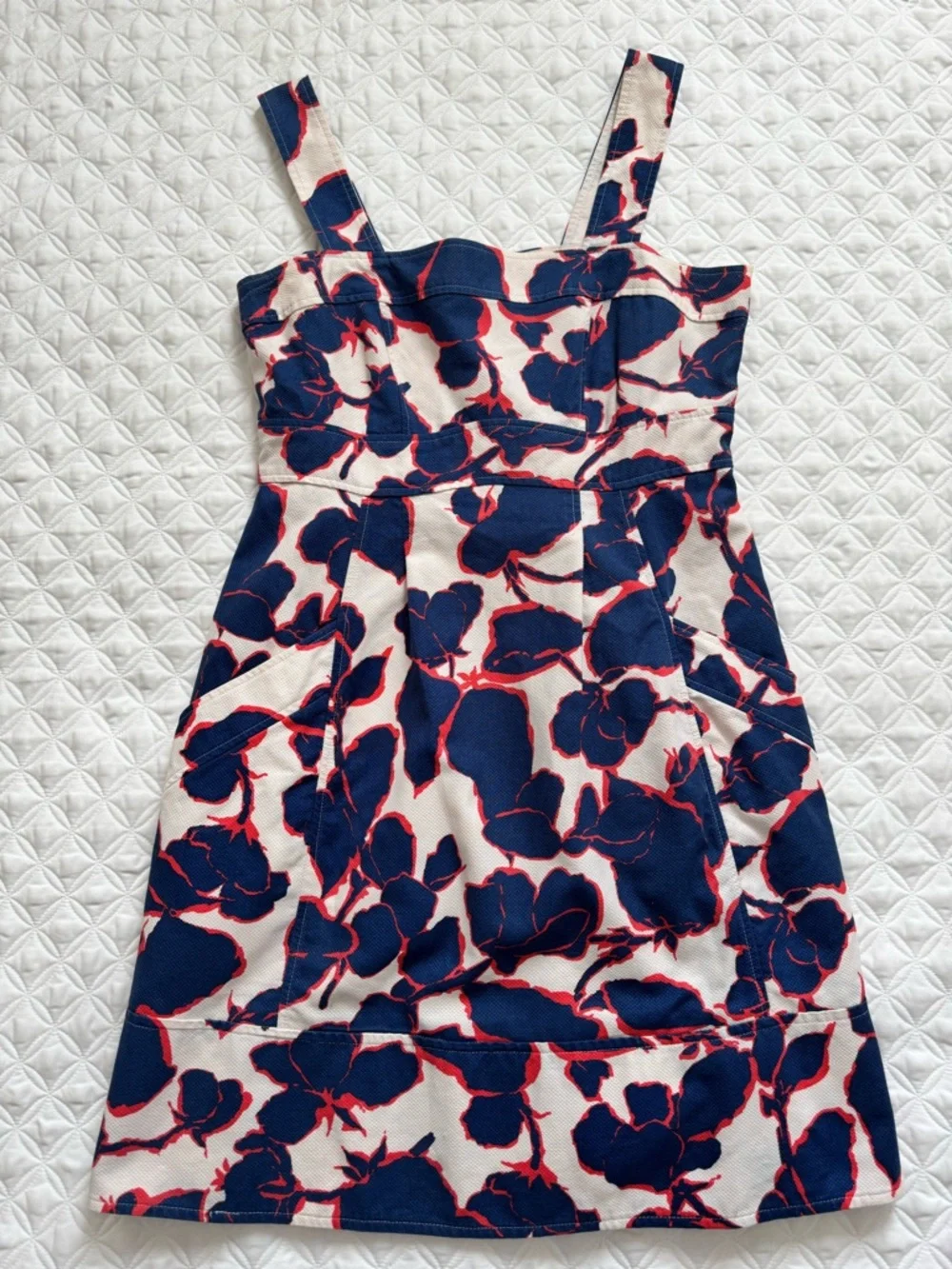 Lands' End Cream Blue Red Floral Midi Dress Cotton Canvas Wide Straps Size 12